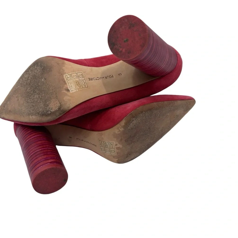 POUR LA VICTOIRE Coral Pink Suede Heels Pumps Wood‎ Cylindrical Heel Size 8 - Picture 6 of 9